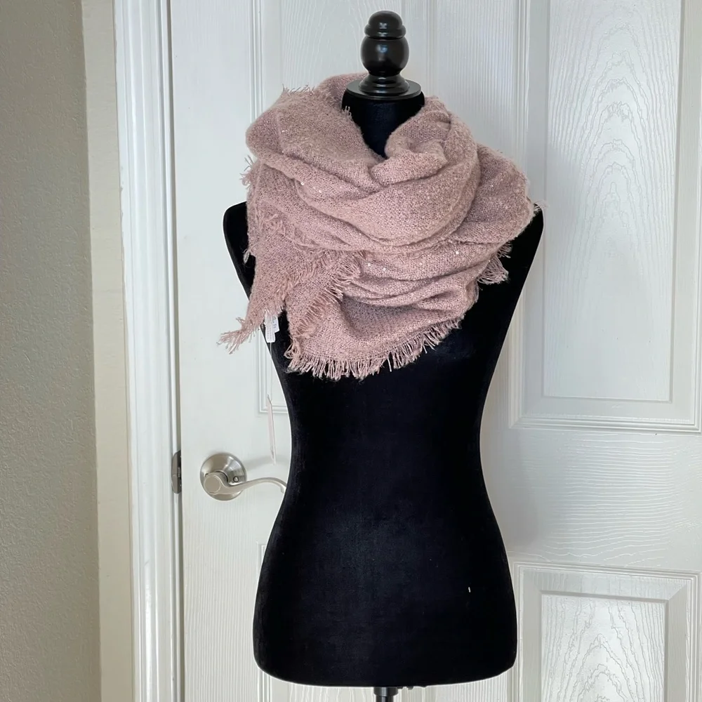 Pink Cozy Blanket Scarf Oversized Winter Wrap Long Fringe Shawl Sequin Outerwear